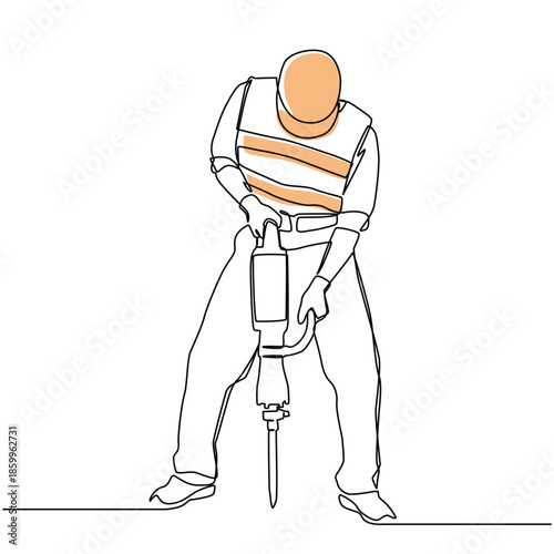 Male Construction Worker Using Jackhammer one line drawing. Male Construction Worker Using Jackhammer single line illustration. Male Construction Worker Using Jackhammer minimalist line art