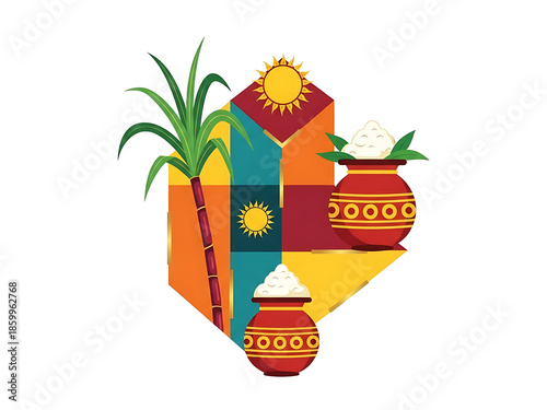 Vibrant Harvest Festival Celebration Icon with Sugarcane and Traditional Offering Pots