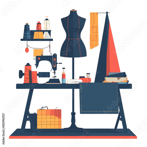 Sewing Room Table with Sewing Machine Mannequin Fabrics and Supplies in a Workshop with Flat Design