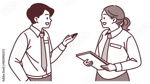 Colleagues discussing work on mobile device and tablet.