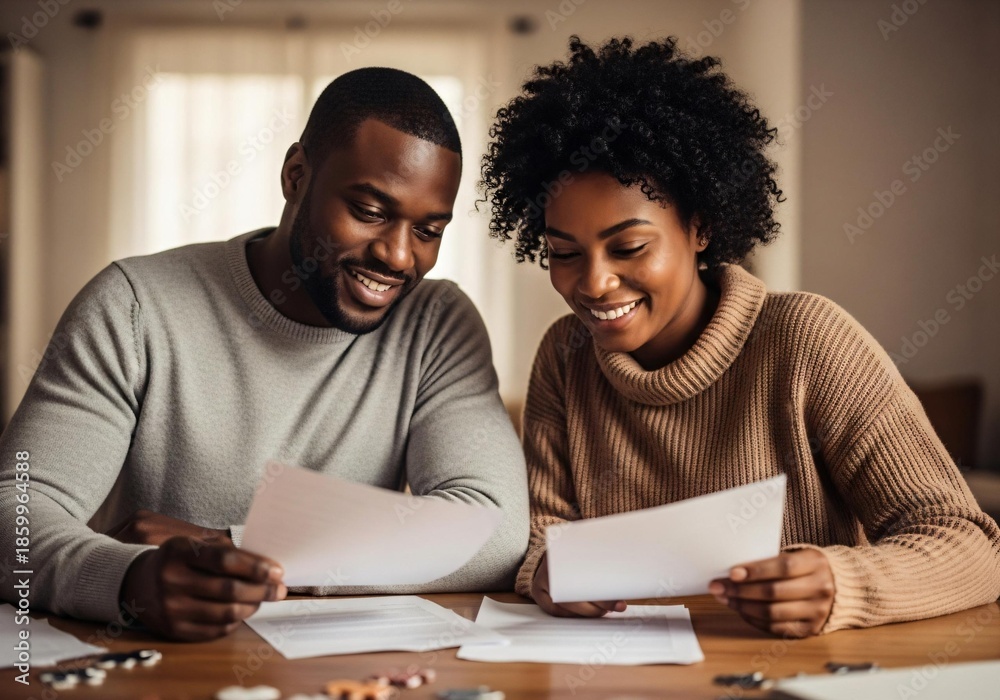 Obraz premium Happy couple reviewing documents together at home