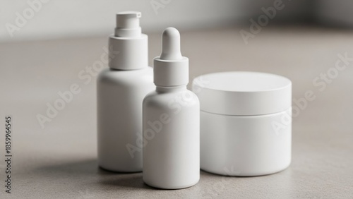 Collection of pristine white unbranded cosmetic bottles and jar for skincare product mockups, representing minimalist beauty and clean design concept