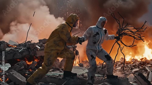 Two People in Protective Suits Amidst Fire and Destruction.