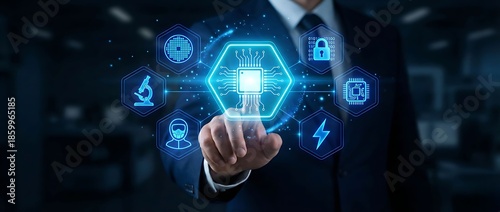 Businessman interacting with futuristic technology interface in modern office