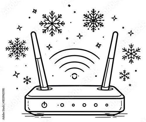 Hand drawn line art illustration of a wi-fi router depicting wireless signals amidst winter snowflakes for internet connectivity