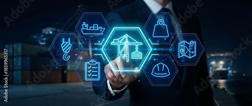 Businessman interacting with logistics and transportation technology interface