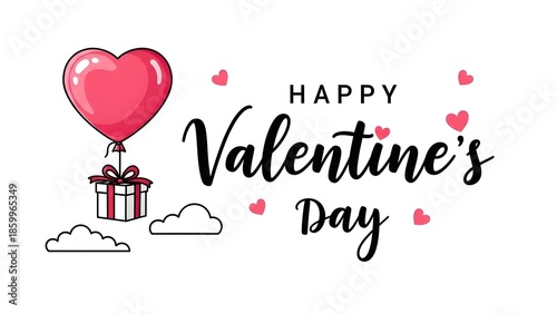 Valentines day greeting with heart balloon and gift on white background for love and romance