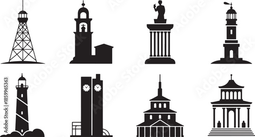 Collection of city buildings, various silhouette buildings for landmarks and backgrounds