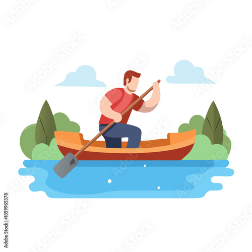 A man ride a big boat in river or pond. Ready for animation moral story.