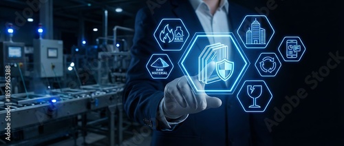 Businessman interacting with futuristic industrial interface in modern factory setting