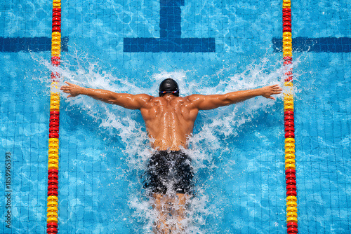 Top View of Male Swimmer Performing Butterfly Stroke in Competition Pool