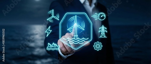 Businessman interacting with futuristic offshore wind farm energy icons
