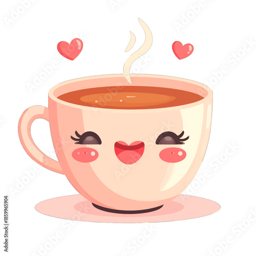 Delightful Pixel Art Illustration of a Pink Coffee Cup with a Smiling Face and Heart Accents on White Background