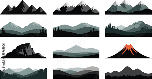 Set of mountains landscape vector flat illustration of nature peaks silhouette