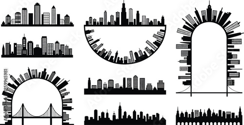 Set of Urban Cityscape Skyline Silhouette Design Creative Elements Background Vector