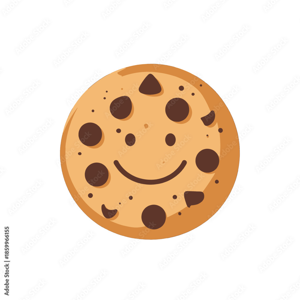 Fototapeta premium Cartoon Cookie with Chocolate Chips and a Smiling Face on White Background