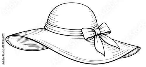 Hand drawn line art illustration of a sun hat depicting a stylish bow for summer fashion