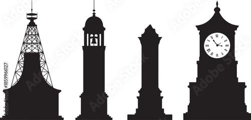 Silhouette set of architectural landmarks isolated on transparent background
