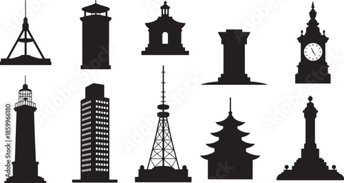 Silhouettes of various tower collection isolated on transparent background design
