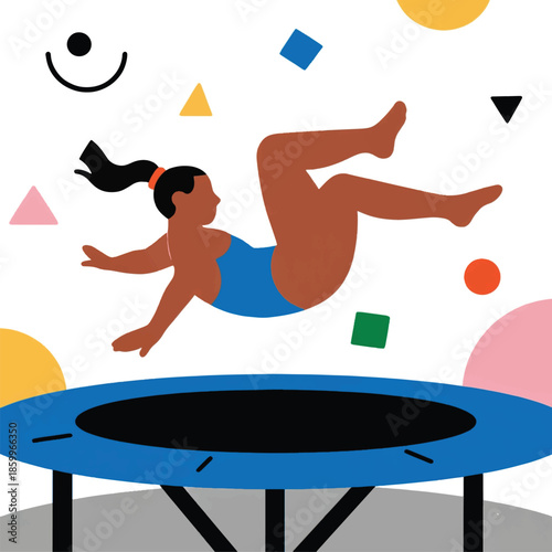 Illustration Of A Female Trampoline Athlete Floating In The Air, Performing Tricks Vector Design Template