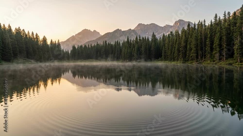 Serene Mountain Lake Reflects Majestic Peaks and Evergreen Forest Under Golden Sunrise Sky Calm Ripples on Water Surface