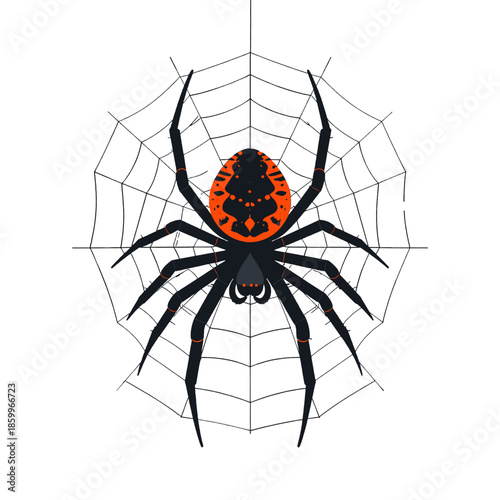 Pixelated Black and Orange Spider on Detailed Web Against White Background
