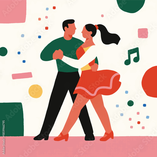 Illustration Of A Pair Of Sport Dances, Repeating Visual Rhythm, Floor And Music Shown Vector Design Template