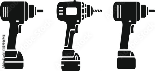 PrintCordless power drill silhouette vector set for home improvement construction tools DIY renovation projects professional equipment maintenance and industrial work hardware background.