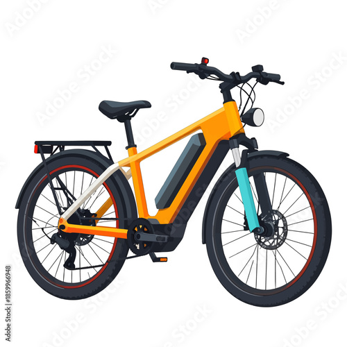 Isolated Orange Electric Bicycle with Black Accents and Blue Fork on White Background