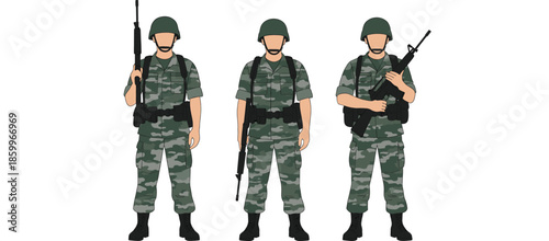 Military soldier character set in camouflage uniform holding rifles for army defense security special forces and national service themed vector illustration designs.