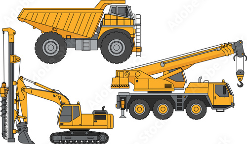 Heavy construction machinery set with yellow dump truck mobile crane and excavator for industrial building projects road work and civil engineering illustration.