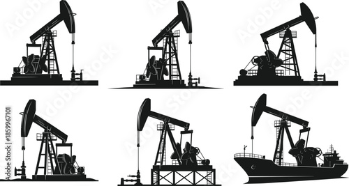 Oil pump jack silhouette vector set for industrial petroleum extraction fuel energy production fuel industry fossil fuels and natural gas resources background design.