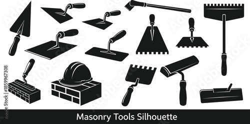 Masonry tools silhouette vector set with trowels spatulas hard hat and bricklaying equipment for construction building trade and professional tiling work background.