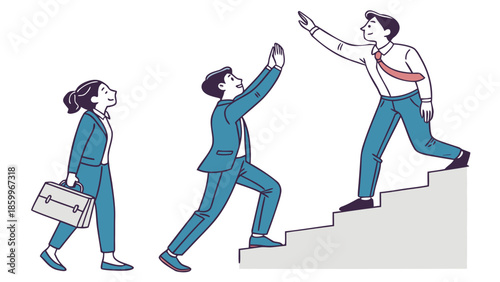 Business people climbing stairs with supportive hand on back.