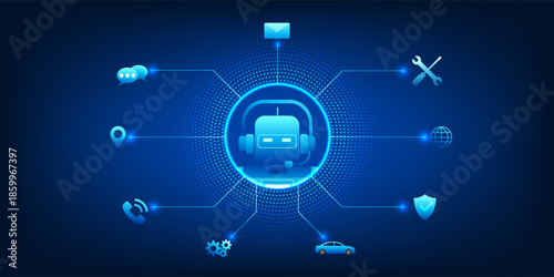 Artificial Intelligence Service Robot Concept, AI Customer Support Automation, Smart Virtual Assistant Connecting User Interaction, Intelligent Service System, Business and Customer Experience