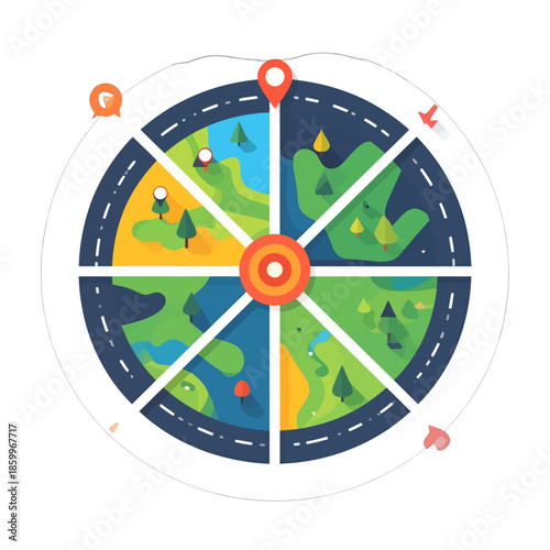 Geometric Globe with Location Pointers and Colorful Sections Representing Varied Terrains and Circular Road Design in a Flat Style Illustration