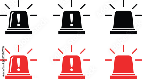Black and red warning lights with exclamation marks and radiating lines alarm alert