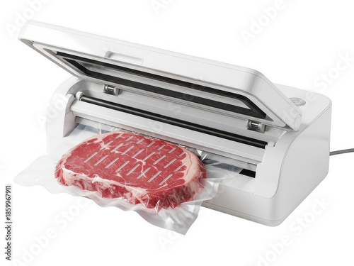 Vacuum sealer machine sealing raw meat in plastic bag