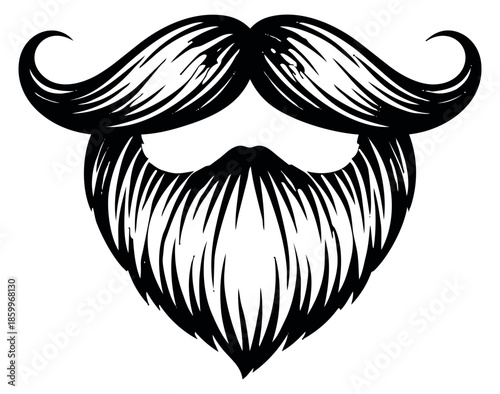 Hand drawn line art illustration of a mustache and beard depicting classic retro style for fashion and barber shop themes