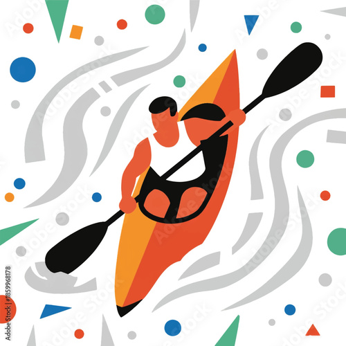 Illustration Of A Canoeist Taking Part In A Competition, The Paddle Leaving A Visual Rhythmic Trail Vector Design Template
