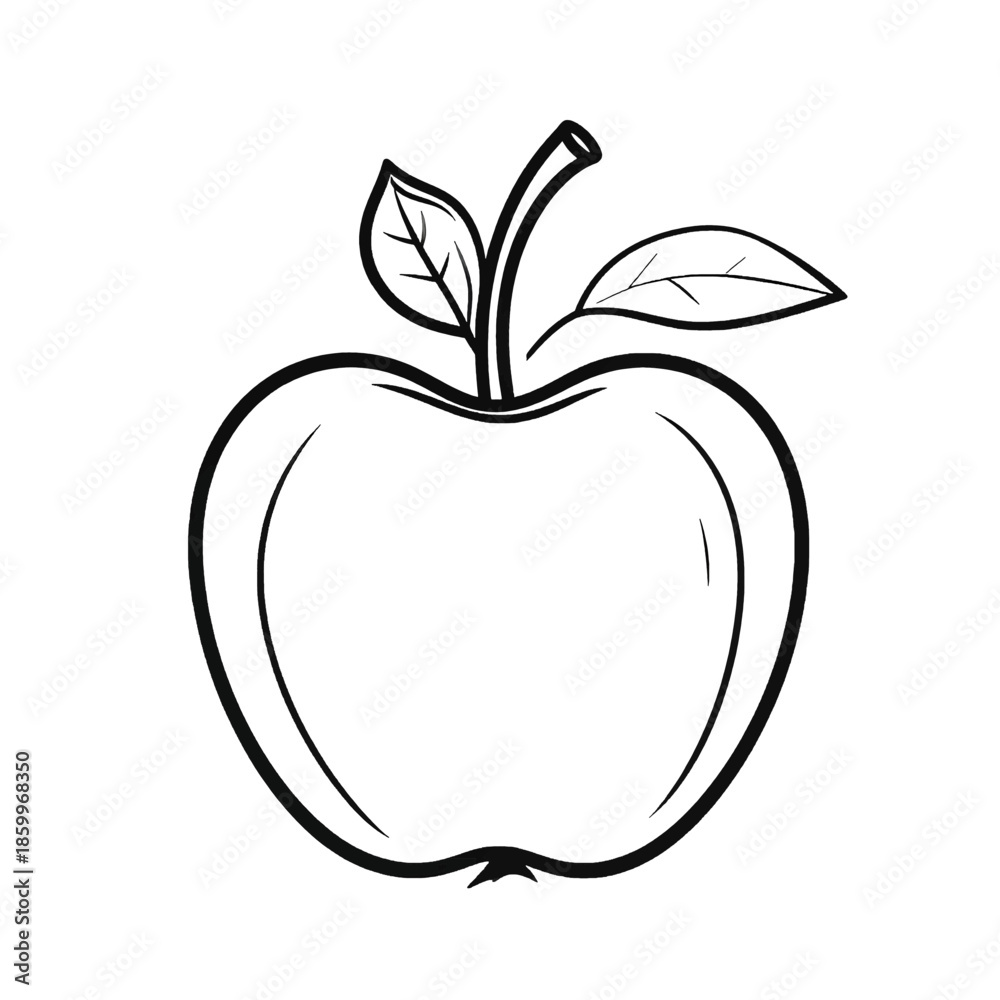 Fototapeta premium Monochrome Apple Illustration With Stem and Leaves Outlined on White Background