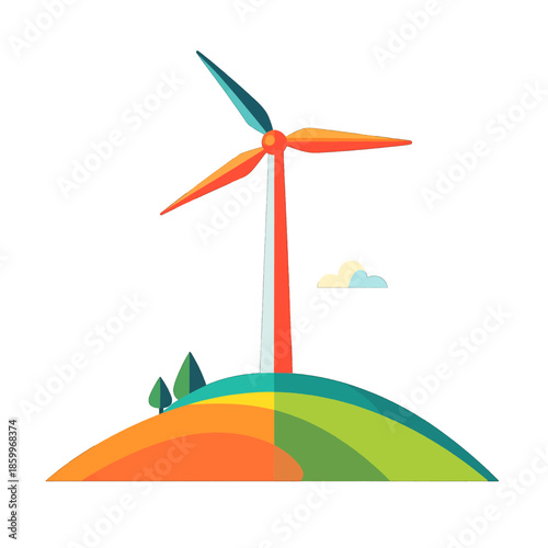 Stylized Wind Turbine on Hill with Trees and Cloud Against White Background
