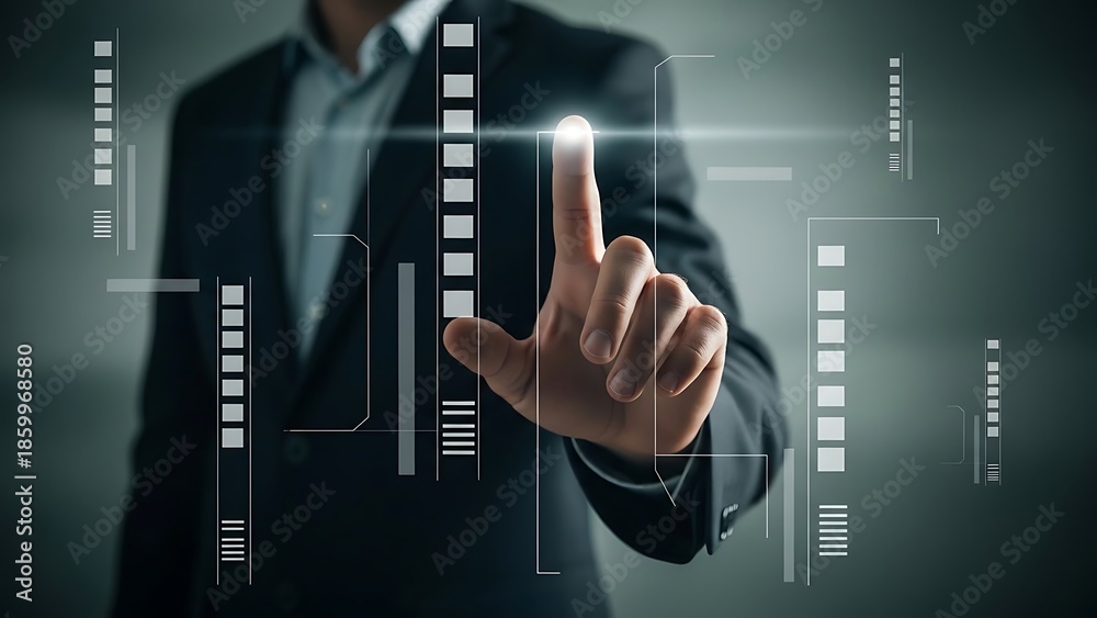 Fototapeta premium Businessman interacting with futuristic digital interface in a dark background
