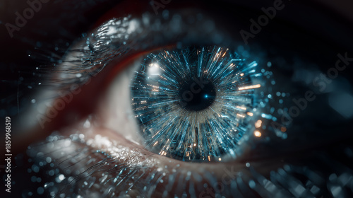 Close-up of human eye with futuristic digital elements and glowing cybernetic lines in iris