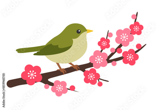 梅の枝にとまるうぐいすのシンプルなフラットイラスト