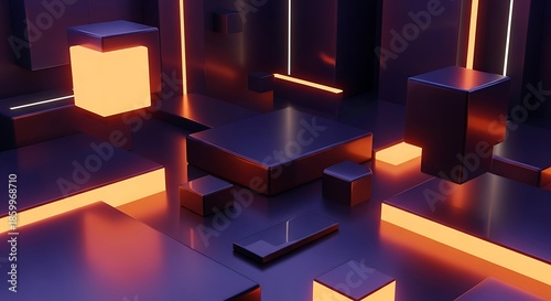 Futuristic geometric abstract glowing vibrant purple and orange cubes studio display background