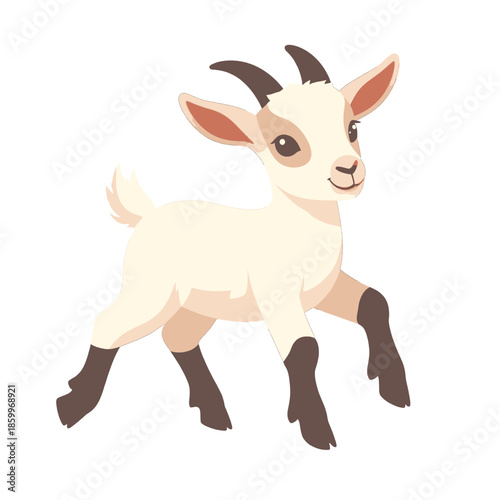 Smiling Cream Colored Baby Goat with Dark Brown Hooves and Horns Walking on a Transparent Background Illustration