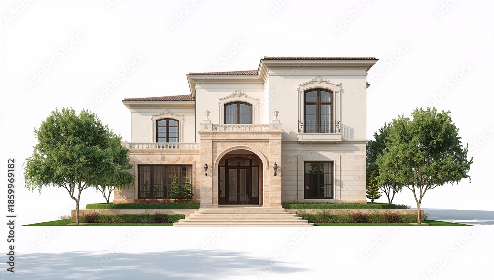 Fototapeta premium Luxurious two-story house with elegant facade and beautifully landscaped yard