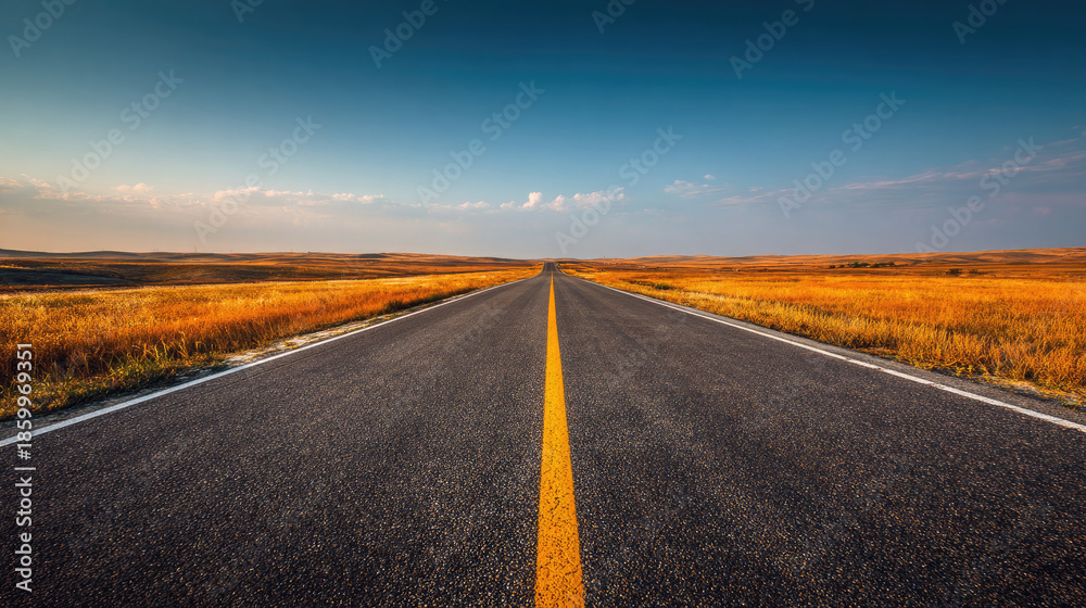 Fototapeta premium Long, empty road with a yellow line down the middle