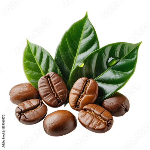 Granos de café con hojas de la planta del café sin fondo isolated on white background
